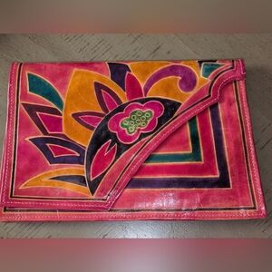 1970s Vintage Genuine Leather Hand Tooled Bohemian Clutch
